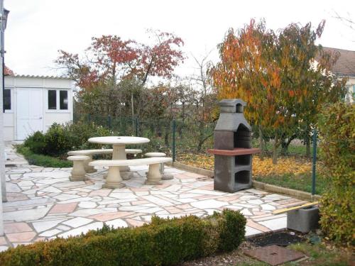 une terrasse en pierre avec une table de pique-nique et un grill dans l'établissement Gîte au cœur des châteaux de la Loire, jardin privé, garage, 2 chambres, proche Chambord et Beauval - FR-1-491-435, à Huisseau-sur-Cosson
