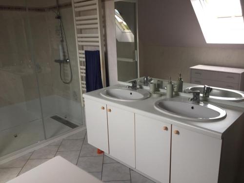 un bagno con due lavandini e una doccia di Gîte rustique avec cheminée, jardin, vélos à dispo, proche châteaux de la Loire et ZooParc de Beauval - FR-1-491-442 a Nourray