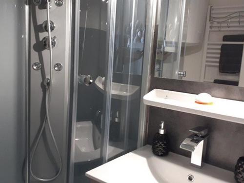 une salle de bain avec douche et lavabo dans l'établissement Appart rénové en bord de mer, ascenseur, parking, 50m plage - FR-1-782-49, au Barcarès