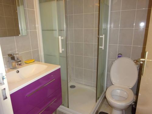 une salle de bain avec toilettes, lavabo et douche dans l'établissement Studio Cabine avec Piscine, Parking et Proximité Commerces au Barcarès - FR-1-782-52, au Barcarès