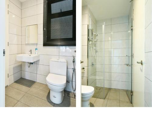 two pictures of a bathroom with a toilet and a sink at Apartment Near IOI Resort City Shopping Mall Serdang Putrajaya in Putrajaya