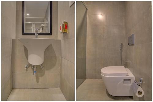 清奈的住宿－ARN RESIDENCY，浴室的两张照片,配有卫生间和水槽