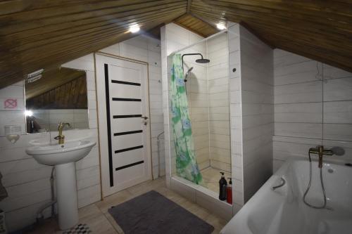 a bathroom with a sink and a tub and a toilet at Riverside Karakol in Karakol