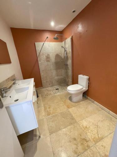 La salle de bains est pourvue d'une douche, de toilettes et d'un lavabo. dans l'établissement Maison à la Naronne, à Bandol