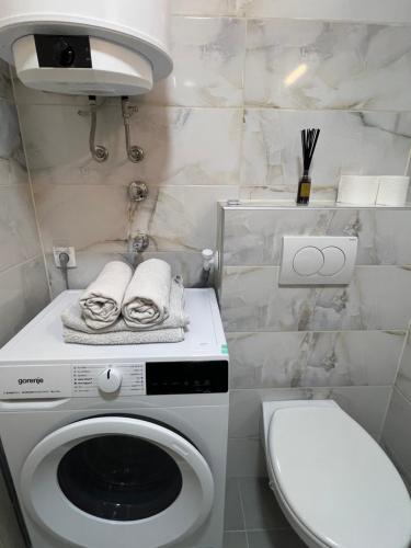 a bathroom with a washing machine and a toilet at Apartman Central Lux A&D in Bečej