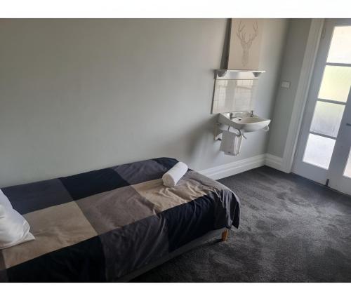 a bedroom with a bed and a sink at Commercial Hotel Young in Young