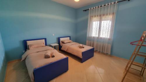 a blue bedroom with two beds and a ladder at Vila Dean in Berat