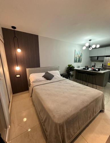a bedroom with a large bed and a kitchen at Lujoso y cómodo apartamento in Tegucigalpa