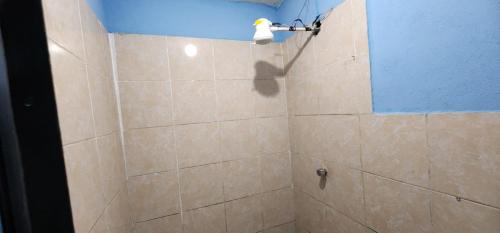 a bathroom with a shower with a light on the wall at Jaguar long-stay Guest House in Ciudad Vieja in Ciudad Vieja