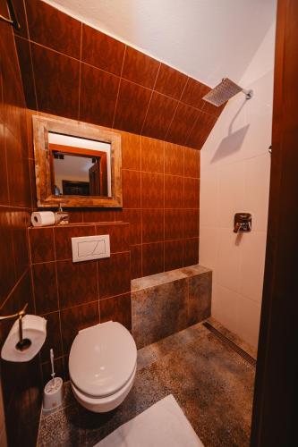 a bathroom with a toilet and a sink and a mirror at Penzion Alžbetka in Poprad