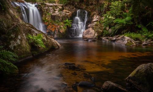 a waterfall in the middle of a river at The Gardener's Cottage on Warrentinna in Branxholm
