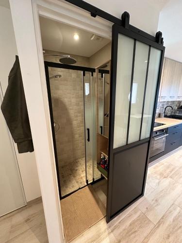 - une porte en verre dans la cuisine avec douche dans l'établissement CARPE DIEM, à Sète