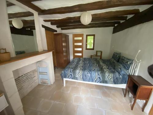a bedroom with a bed and a fireplace at Au Chêne Gauthier in Pouillé