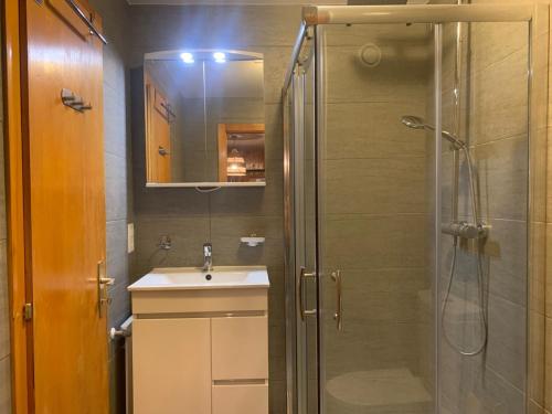 a bathroom with a shower and a sink at Mont Rouge VIEW & CENTER apartments by Alpvision Résidences in Veysonnaz