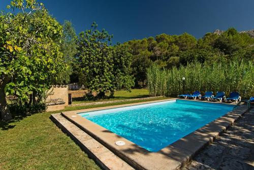 una piscina con sillas azules en un patio en El Rafalet, en Pollensa