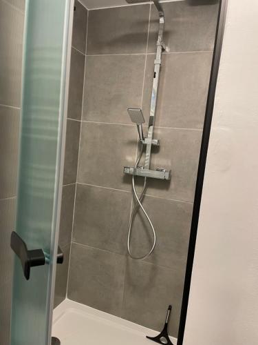 une douche avec pommeau de douche dans une salle de bain dans l'établissement BERCK sur Mer Appartement Cosy à 50 métres de la plage, à Berck-sur-Mer