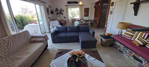 a living room with a couch and a table at Villa Despina in Saint Minas