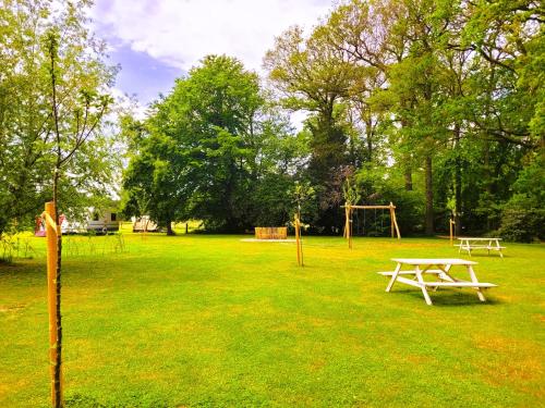 a park with a picnic table and a swing set at 't Buitenverblijf Erve Punte in Losser