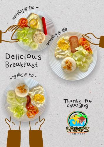PilarNOGS Homestay, near Magpupungko, Siargao Island Surfings Spots的两盘早餐食物，上面印着一个人的照片。