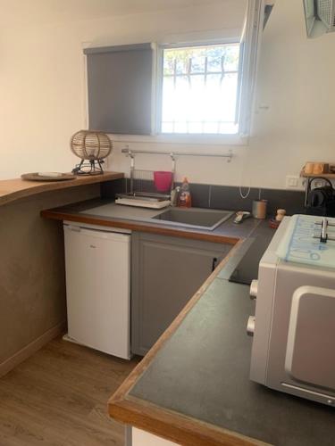 une cuisine avec un évier et un plan de travail dans l'établissement studio avec exterieur, à Eyragues