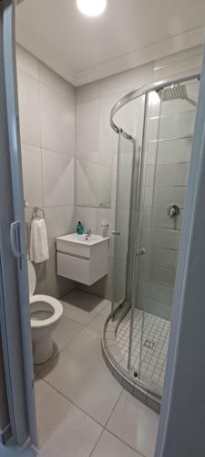 a bathroom with a shower and a toilet and a sink at Hub Accomodation in Kimberley
