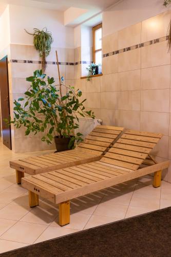 a wooden bench in a room with a potted plant at Aparthotel Bellamonte in Zakopane