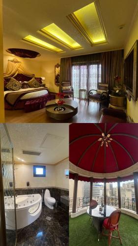 a collage of three pictures of a hotel room at Q Hotel in Beirut