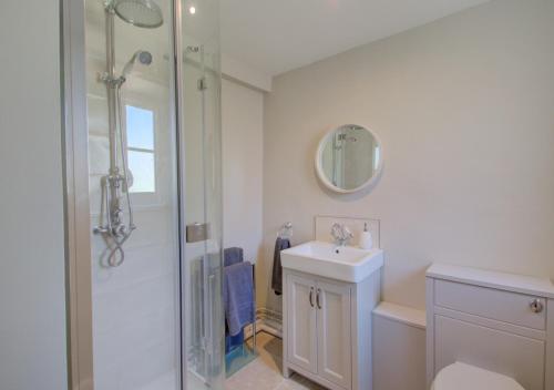 a bathroom with a shower and a sink and a mirror at Orchard Barn in Wighton