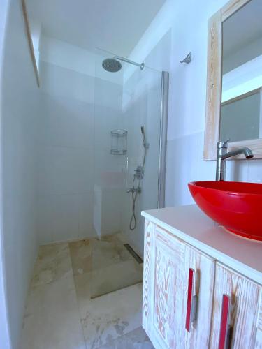 a bathroom with a red sink and a shower at Akdeniz Villa in Kas