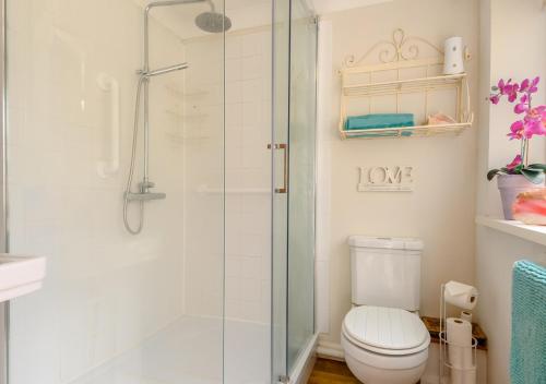 a bathroom with a toilet and a glass shower at The Annexe at Hideaway Cottage in Ellingham