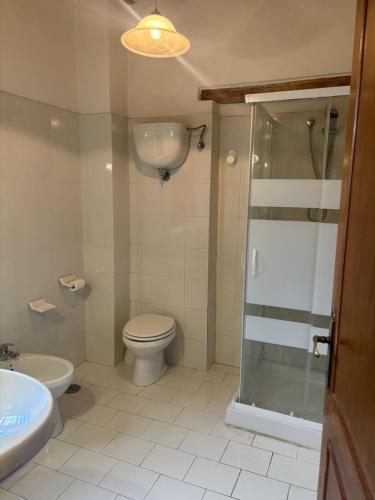 La salle de bains est pourvue de toilettes et d'une douche en verre. dans l'établissement Tenuta di Caiolo, à Panicale