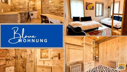 un collage de fotos de un dormitorio y una casa en Blaue Wohnung - Goldenes-Häusle, en Sulzbach an der Murr