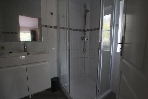 y baño con ducha y lavamanos. en Chatel en Baarle-Nassau