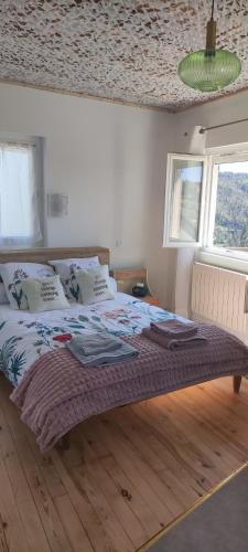 1 dormitorio con 1 cama grande y techo verde en La petite maison d'Hose, en Monistrol-sur-Loire