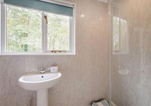 ein Bad mit einem Waschbecken, einem Fenster und einer Dusche in der Unterkunft Little Coach House 