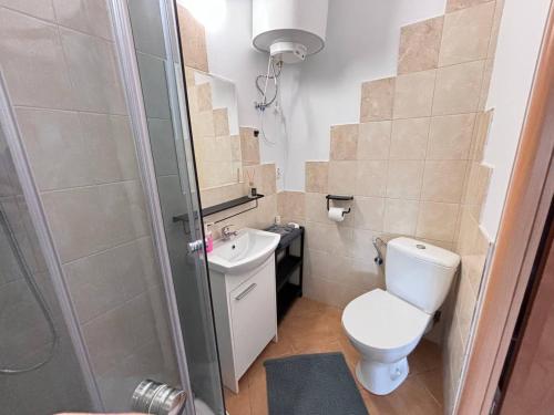 uma casa de banho com um WC, um lavatório e um chuveiro em Mieszkanko w centrum 34 em Lódź