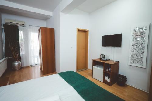 a hotel room with a bed and a television at AMMOTTI Hotel in Ohrid
