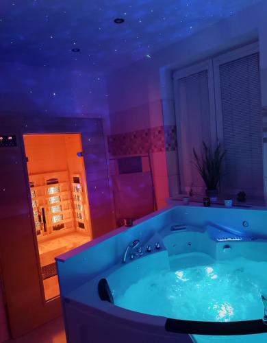 a large bath tub in a bathroom with purple lighting at Apartmán s privátnym wellnessom Exwell in Trenčín