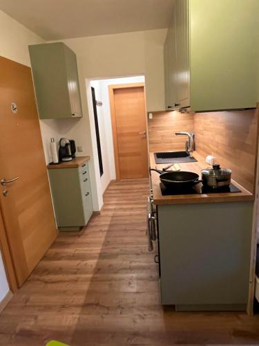 a kitchen with green cabinets and a sink and a stove at Charmantes Studio am Wörthersee in Reifnitz