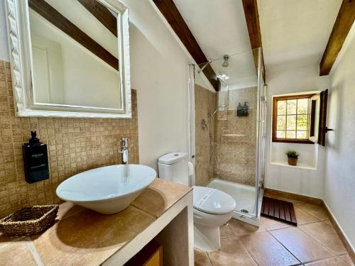 een badkamer met een wastafel, een toilet en een douche bij Casa Rural “Los Campos” in Almogía