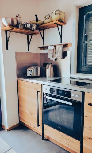 a kitchen with a stove and a counter top at Kellerstöckl am Berg - Das Grüne in Steinbach