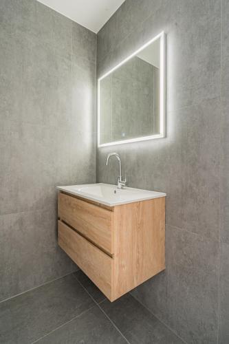a bathroom with a sink and a mirror at Molenzicht in Alkmaar