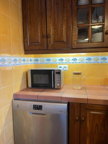 a microwave sitting on top of a kitchen counter at Casa Rural Cal Vellet del Priorat in La Vilella Baixa