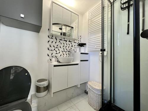 une salle de bain avec toilettes, lavabo et miroir dans l'établissement Studio duplex proche mer gare commerce, à Saint-Raphaël