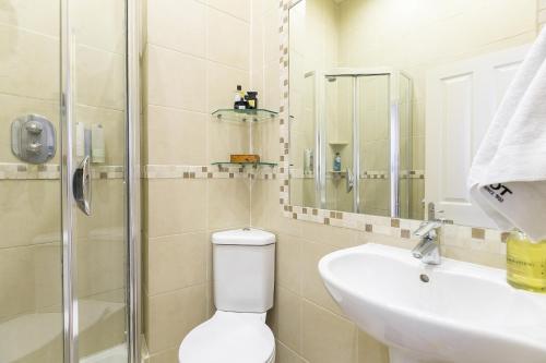 a bathroom with a toilet and a sink and a shower at Small sun lit studio minutes from Kings Cross station in London