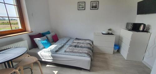 Dormitorio pequeño con cama y mesa en Apartamenty i pokoje TT Mielno ALLDAYHOLIDAY en Mielno