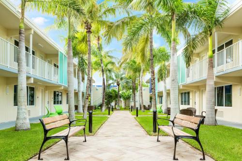 two benches in a courtyard with palm trees at Fairfield Inn & Suites by Marriott Key West at The Keys Collection in Key West