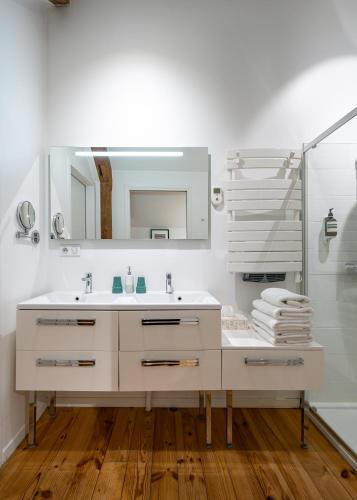 a bathroom with a sink and a mirror at Maison d'Hôtes "Les Bulles Dorées" in Rilly-la-Montagne