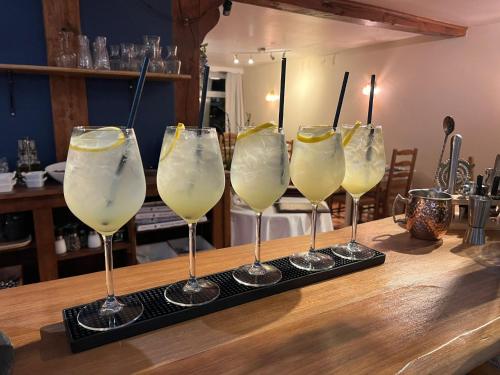 una fila di bicchieri da vino con fette di limone di Maria Grazia Hotel a Saint-Gatien-des-Bois