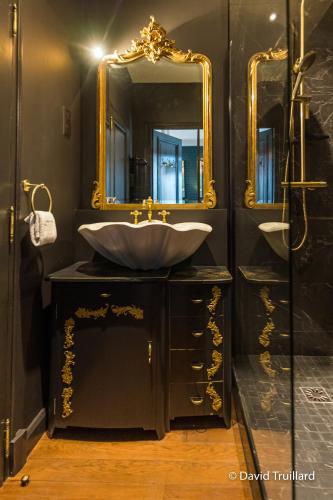 une salle de bain avec un lavabo et un miroir dans l'établissement Suites MANA - Cupidon avec superbe vue Place Ducale Parking inclus, à Charleville-Mézières